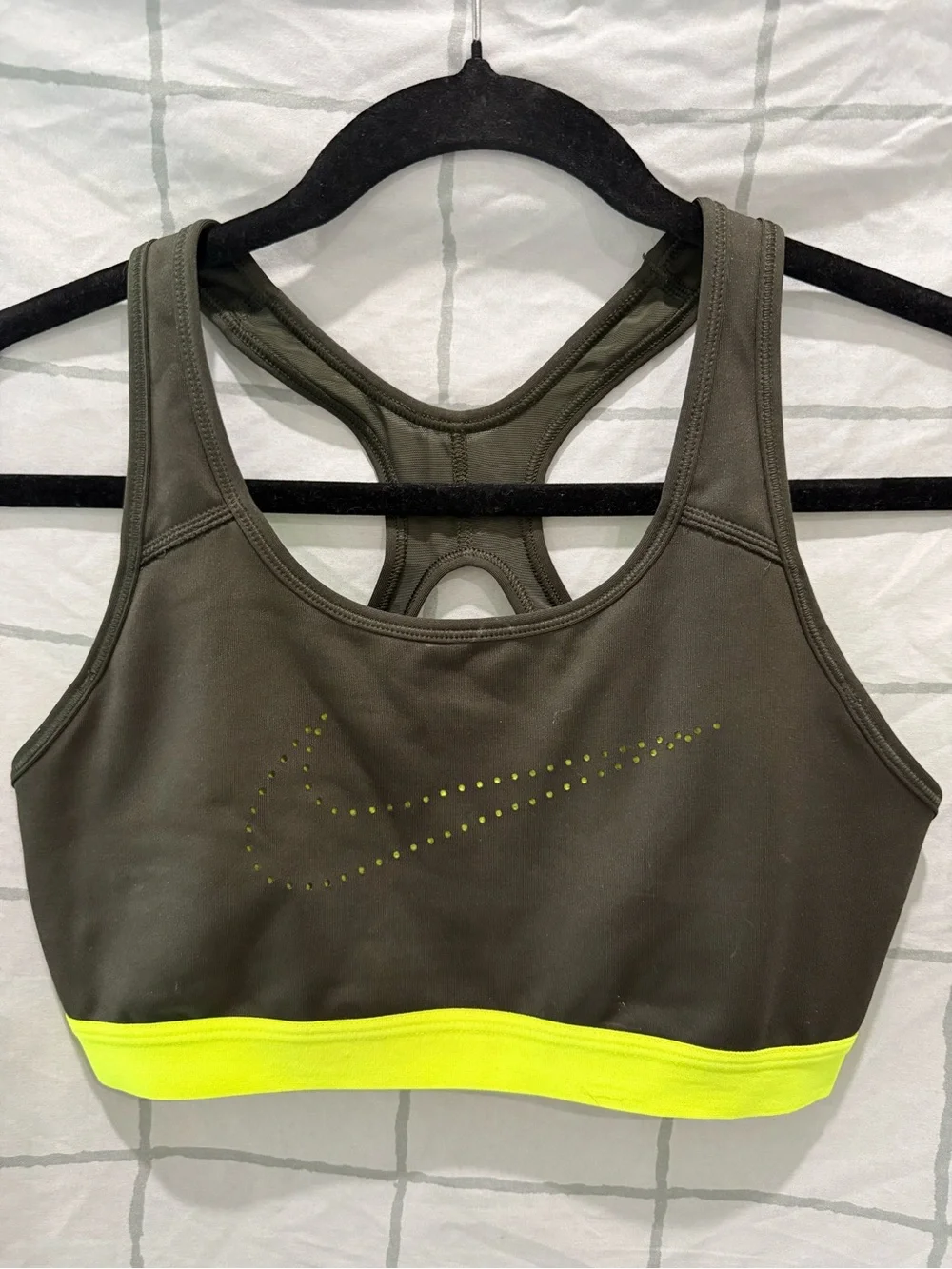 Nike Olive Green Racerback Sports Bra with Neon Yellow Band